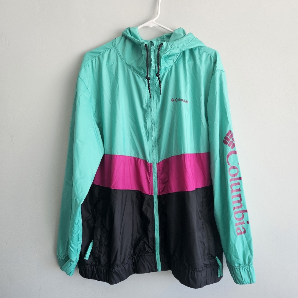 Columbia Teal, Magenta & Black Colorblock Windbreaker Jacket